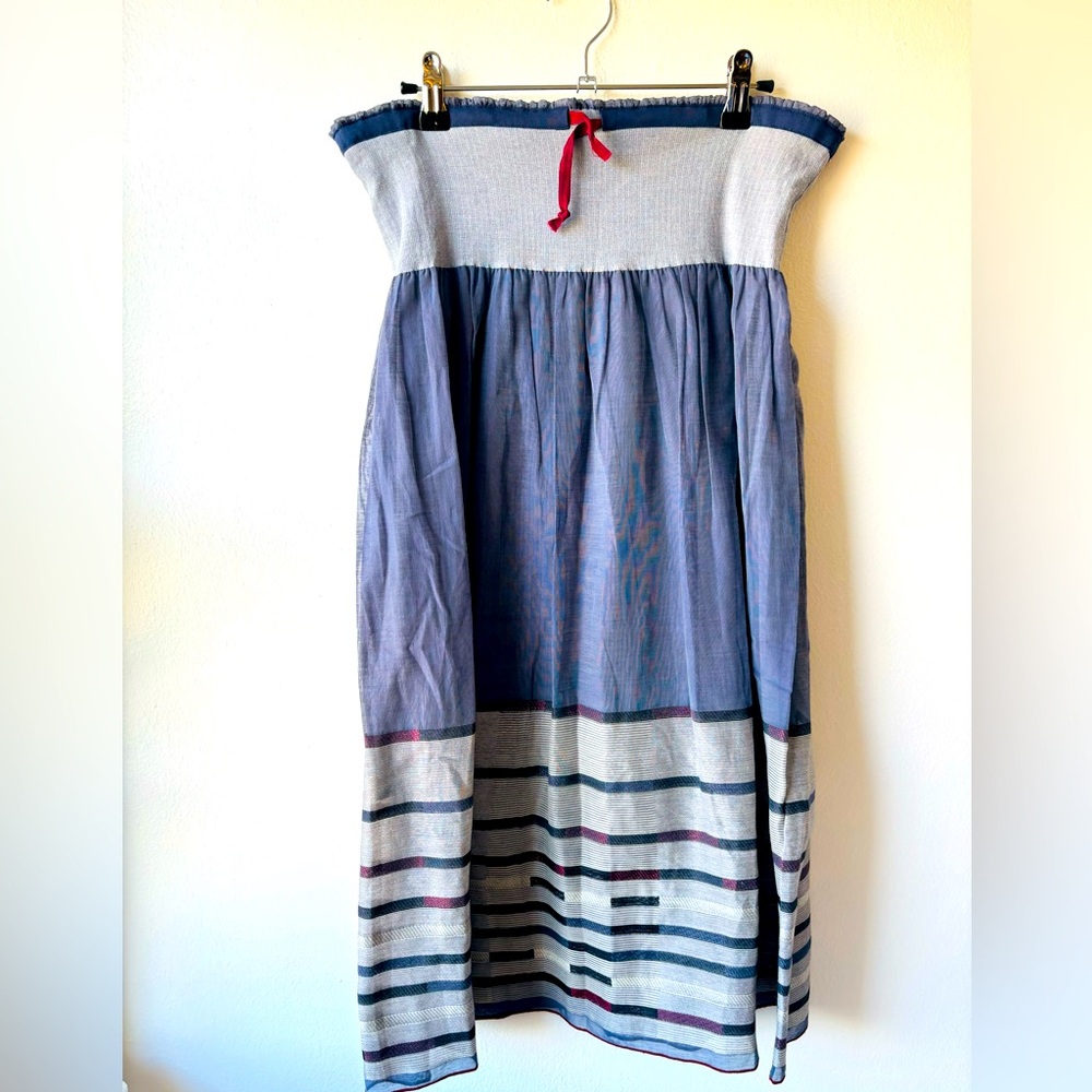 Peruvian Connection Strapless Dress Cotton Blend Blue Red Ribbon Detail - M